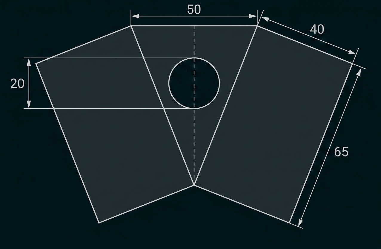 Geometrische Zeichnung mit Maßangaben und Kreis in einer polygonalen Form.